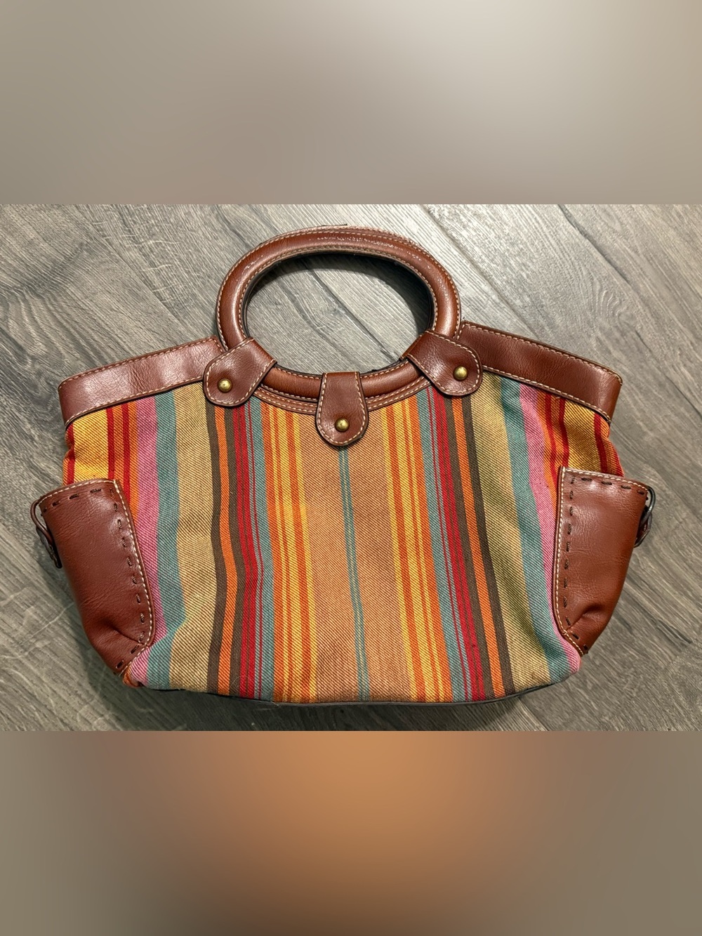 Fossil Multicolor Striped Canvas Tote with Brown Leather Trim